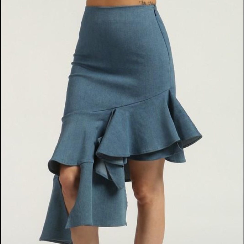 👗LAST ONE👗Asymmetrical Ruffled Stretch Denim Skirt - Picture 4 of 6